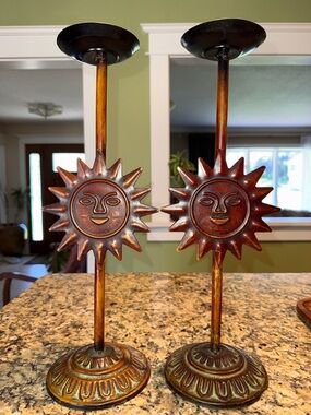 Pair Vintage 90s Celestial Sun Pillar Candle Holders
